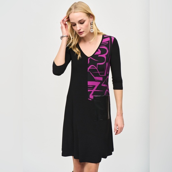 Joseph Ribkoff Black Empress Flare Dress Purple Leather Pocket Size 8 Trapeze
